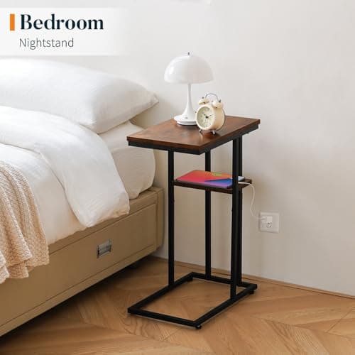 YooBure C-Shaped End Table, Rustic Snack Table for Living Room and Bedroom
