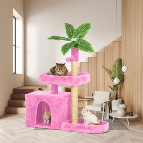 31.5" Pink Cat Tree with Leaf Design & Scratching Posts