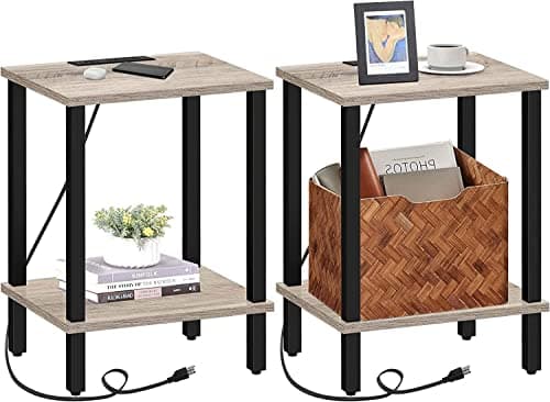 TUTOTAK End Table with Charging Station, 2-Tier Storage, USB Ports TB01BB040 — Greige