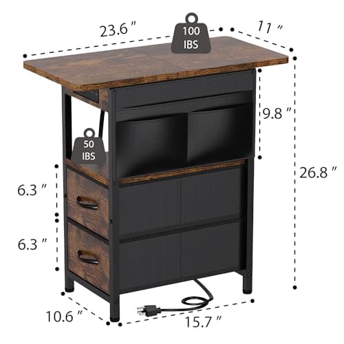 Narrow Side Table with Charging Station for Living Room and Bedroom