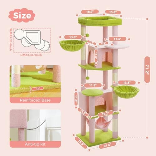 Large Multi-Level Pink Cat Tree for Indoor Cats with 3 Hammocks & 2 Condos