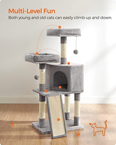Feandrea Light Gray 45.3-Inch Cat Tower with Scratching Post and Cave