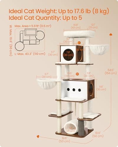 Feandrea 64.5-Inch Modern Cat Tree with 2 Caves, 2 Hammocks & 4 Scratching Posts RB UPCT167K01