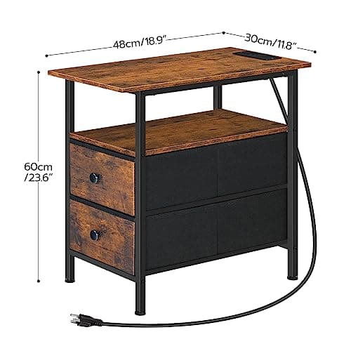 HOOBRO Rustic Brown & Black End Table with Charging Station BF486UBZ01