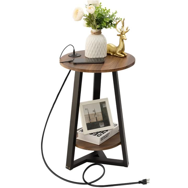 Hadulcet Two-Tier White Side Table for Living Room & More — Rustic Brown With Charging Station