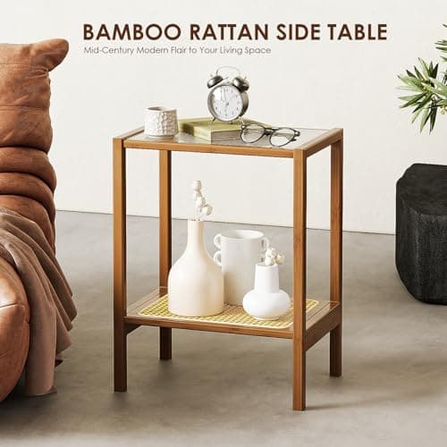 Bamworld Rattan 2-Tier Side Table with Storage Boho Living Room Glasstop Narrow Coffee Table