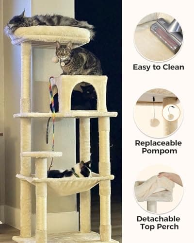 Beige Metal Plush Cat Tree for Large Cats with Hammock & 6-Tier Shelves