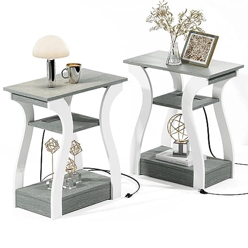 White End Table with Charging Station for Living Room and Bedroom Storage Shelf — Grey