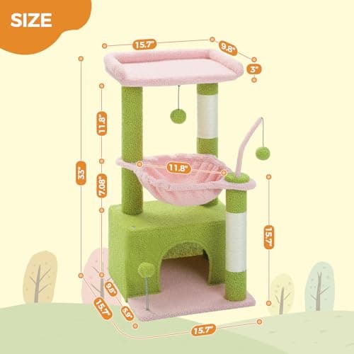 PEQULTI 4-in-1 Multi-Level Pink Cat Tower with Hammock & Scratching Post