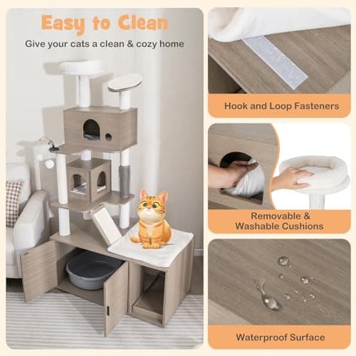 Tangkula Cat Tree with Litter Box, 2 Condos, Scratching Posts & Dangling Balls
