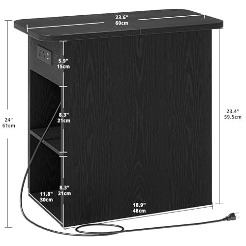 LIKIMIO Narrow Side Table with Flip Top Storage & Charging Station, Vintage Black