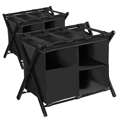 Folding Steel Luggage Rack Set with Storage Shelf, Pack of 2, Black