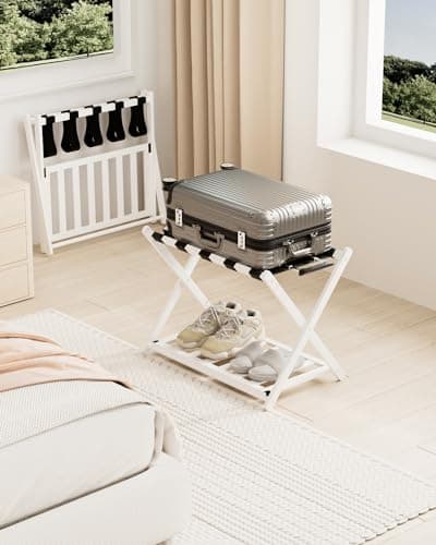 Bamboo Folding Luggage Rack with Magnetic Lock - White
