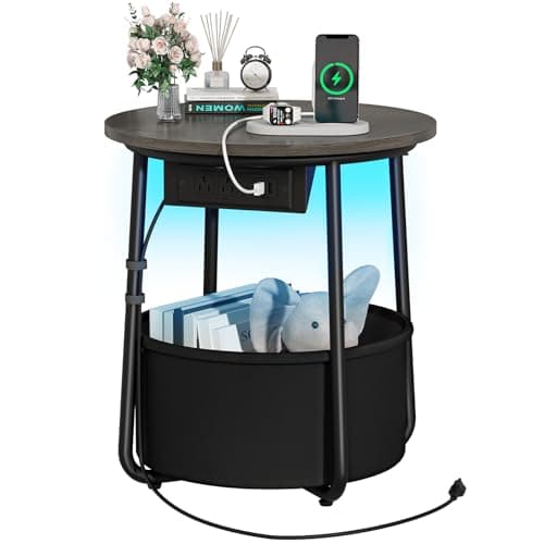 Yoobure LED Night Stand with Charger, Round Storage Table for Living Room or Bedroom — Grey