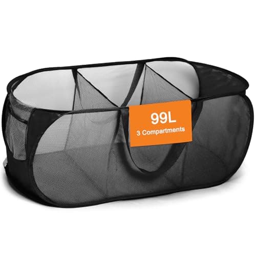 Sturdy 3-Compartment Collapsible Laundry Hamper with Handy Pocket - Grey — Black