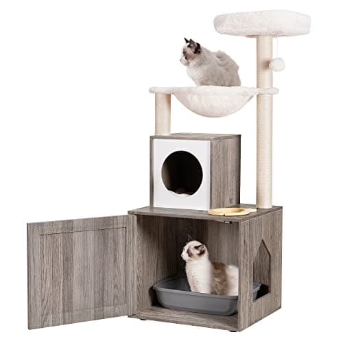 Heybly Wood Litter Box & Cat Tree Combo with Large Platform & Condo, Modern Style Cat Tower