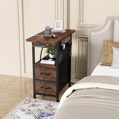 Narrow Side Table with Charging Station for Living Room and Bedroom