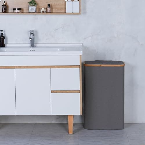 Slim 60L Laundry Hamper with Lid, Bamboo Handle, Grey