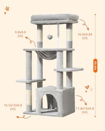 Taoqimiao 39.4-Inch Light Gray Cat Tree with Hammock and Perch MS027W