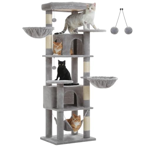 Large Multi-Level Pink Cat Tree for Indoor Cats with 3 Hammocks & 2 Condos — Grey