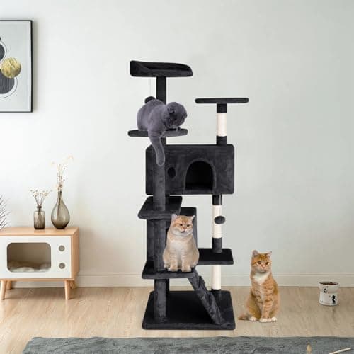 Indoor Cat Tree 53 Inches with Dangling Ball & Funny Toys, Dark Gray