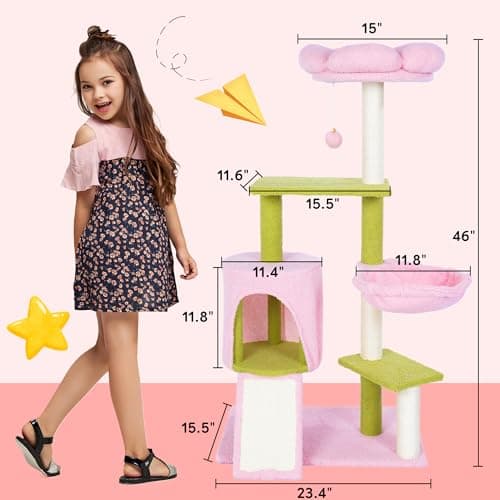 Flower Cat Tree 46 Inches, Medium Size with Hammock & 3 Scratching Posts - Pink