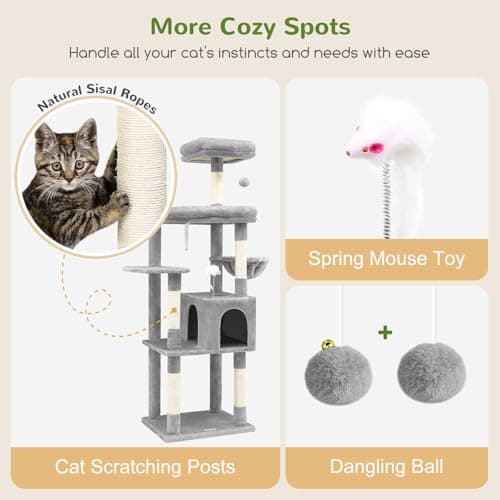 68-inch Sturdy Cat Tree for Adult Big Cats, 20 lbs Heavy Duty Light Grey