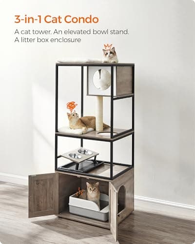 Modern Cat Tower with Litter Box Enclosure and Scratching Post