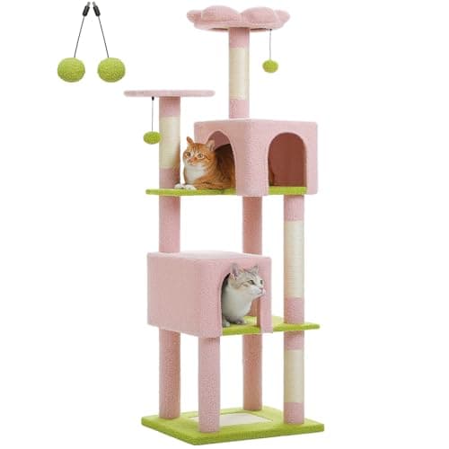 Indoor Cat Tree with 2 Condos & 4 Scratching Posts, 62" Multi-Level Tower, Pink