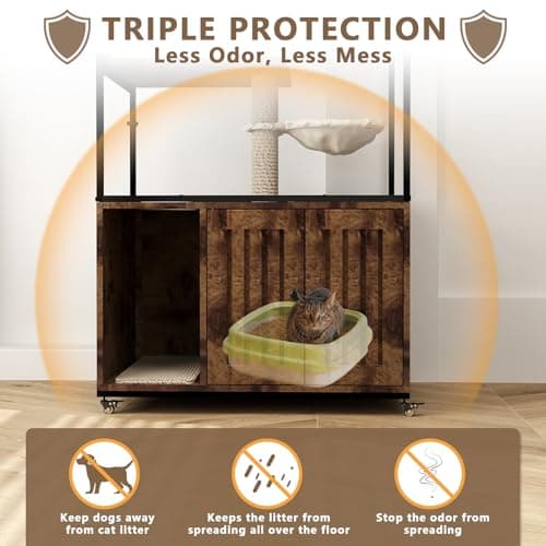 Large Wooden Cat Litter Box Enclosure with Tower, 45" Tall