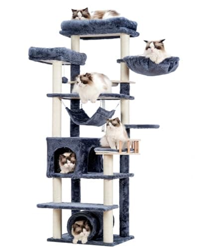 Smoky Gray 64" Tall Cat Tree with Tower, Condo, Food Station, Scratching Post & Hammock GCT021G