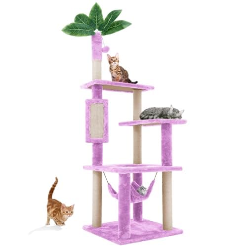 24 Inch Pink Floral Cat Tree for Indoor Cats — 55in Square Platform Violet