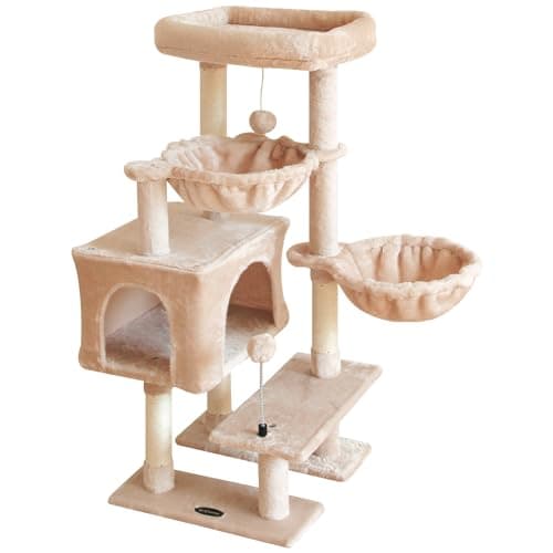 KIYUMI Multi-Level Cat Tree with Scratching Post & Hammock Grey — Beige