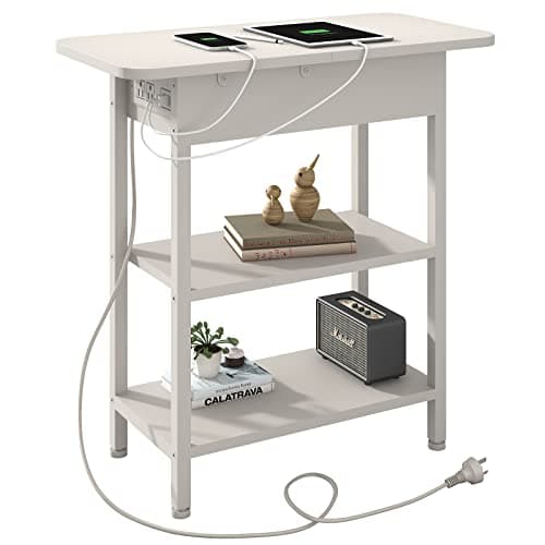 LIDYUK Flip Top Side Table with USB Ports & Outlets, White