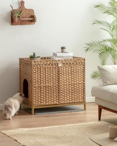 Hidden Handwoven Rattan Cat Litter Box Enclosure, Large Metal Feet, 30.3 x 18.3 x 28 Inches, Indoor
