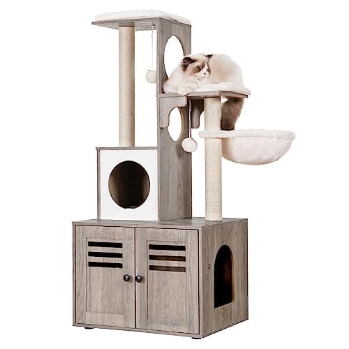 Modern Style Cat Tree with Wood Litter Box Enclosure, Large Platform, Condo, and Hammock
