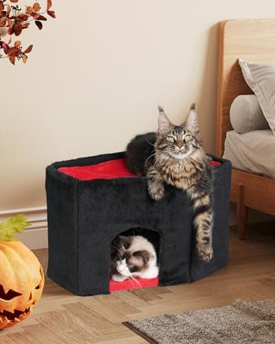 Gothic Cat Condo Cave, Spacious Indoor Bed for Large Cats, Red Black