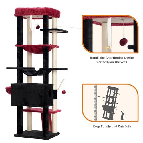 Heybly Large Indoor Cat Tree for Adult Cats, 68.1-inch Tall with Sisal Scratching Posts, Multi-Level with Hammocks, Black and Red HCT035BR
