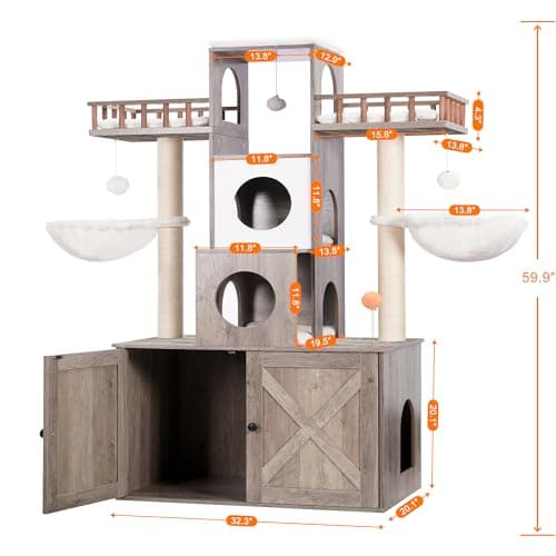 Heybly Cat Tree with Litter Box for Large Cats, Heavy Duty Indoor Cat Condo with Scratching Posts, Rustic Gray HCT110SG
