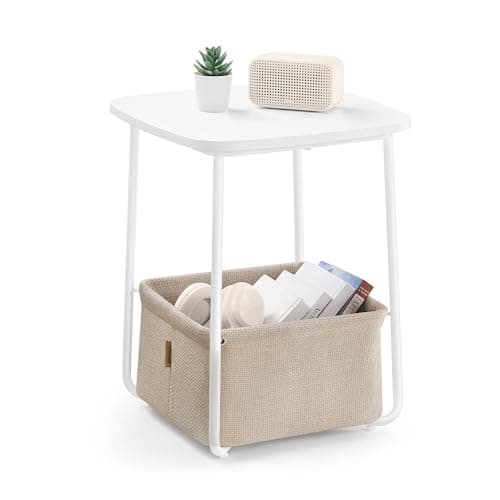 VASAGLE Laurel Green & Cream White Fabric Basket End Table — Matte White + Camel Brown