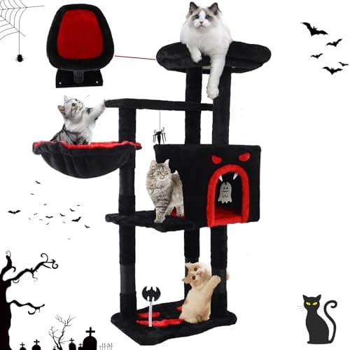 Large GothicCat Tree with Coffin Bed & Scratching Post, Tall Black Kitten Tower