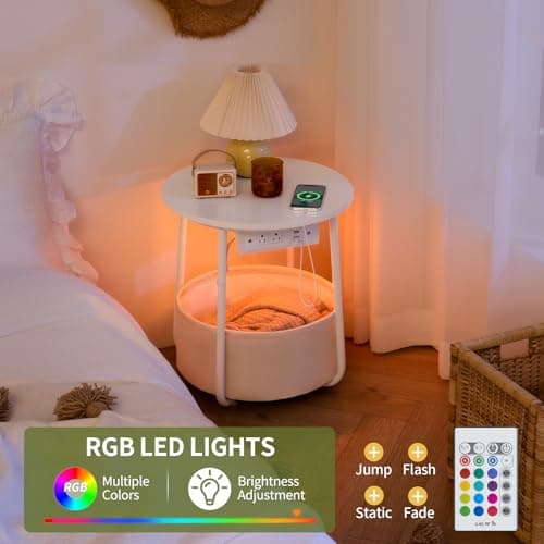 Yoobure LED Night Stand with Charger, Round Storage Table for Living Room or Bedroom