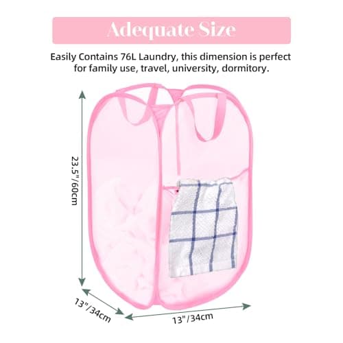 Reinforced Pink Collapsible Laundry Hamper with Side Pocket & Carry Handles