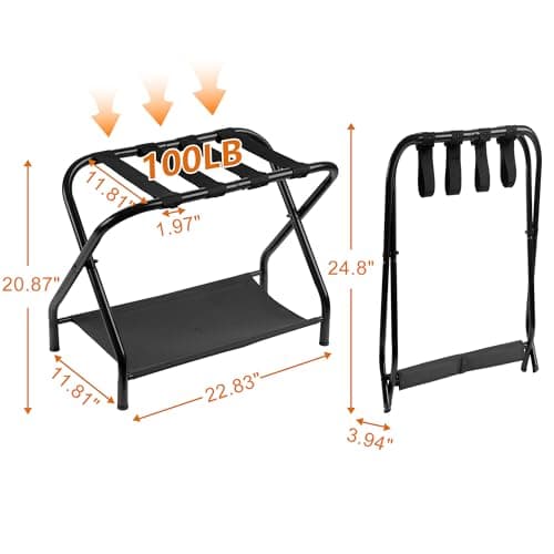 Steel Folding Luggage Rack with Storage Shelf, Black