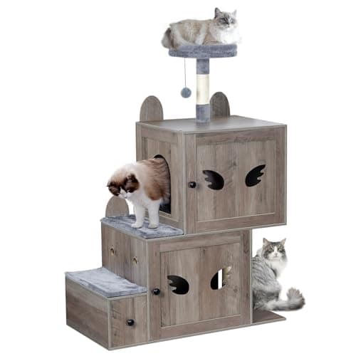 Snughome White 3-in-1 Wooden Cat Tower with Hidden Litter Box-Stairs — Grey