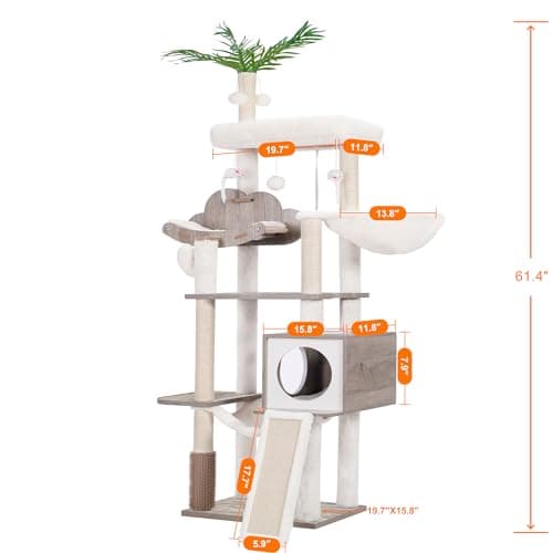 Modern Rustic Gray Cat Tree for Indoor Cats with Self Groomer