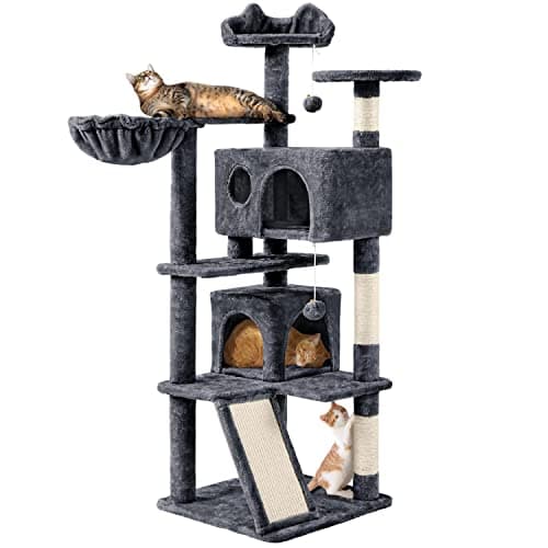 Topeakmart 57" Multi-Level Cat Tree with scratching posts & pink playhouse — Dark Gray