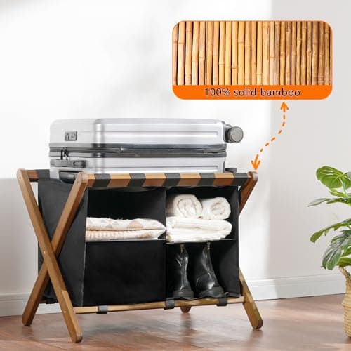 Bamboo Luggage Rack Set of 2 with Laundry Bag - Heavy-Duty Holder for Guest Room Hotel - Holds up to 141 lb