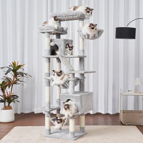 Heybly 71-Inch Tall Cat Tree for Indoor Cats - Light Gray with Perches, Condos, Hammocks, and Scratching Pad