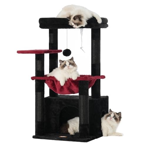 Heybly Cat Tree: Kitten Tower with Soft Basket & Spacious Bed for Indoor Cats — Black and Red